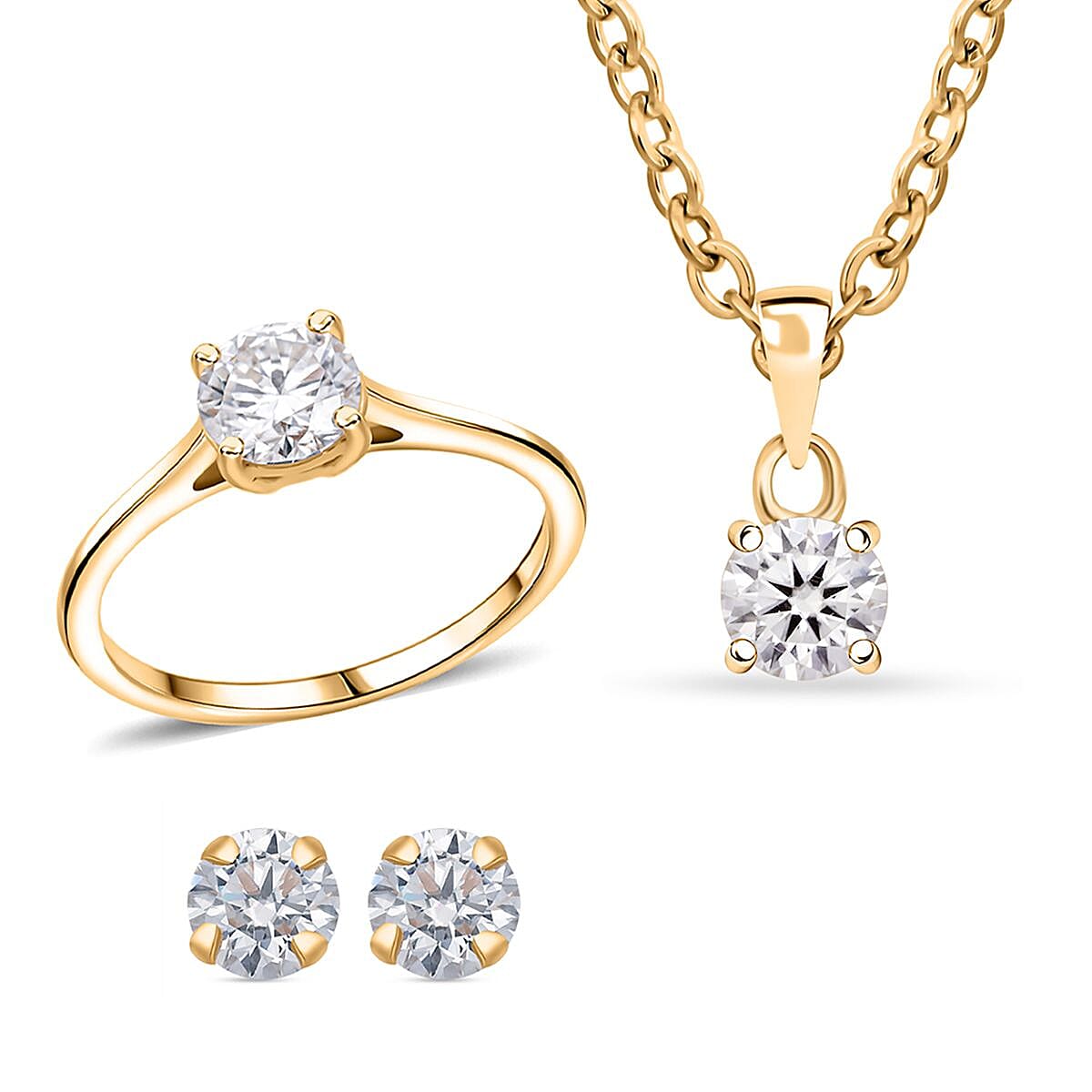 D'Joy Moissanite 2.10 ctw Eternal Spark Collection Solitaire Stud Earrings, Ring (Size 7.0) and Pendant Necklace 20 Inches in 18K Vermeil Yellow Gold Over Sterling Silver image number 0