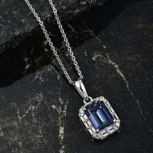 Luxuriant Premium Lab Grown Alexandrite and White Topaz 2.35 ctw Eclipse Empire Pendant Necklace in Rhodium Over Sterling Silver 20 Inches 