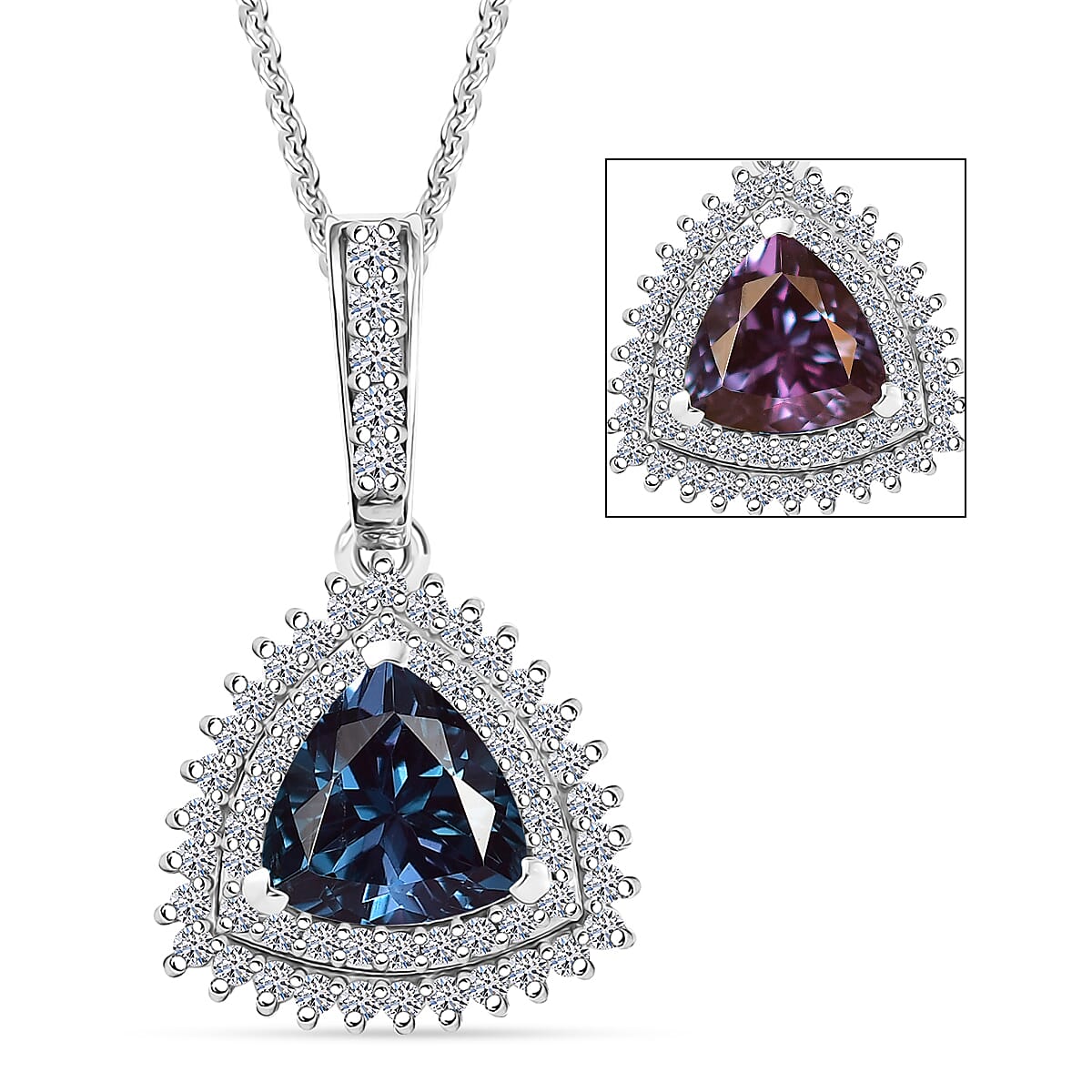Luxuriant Premium Lab Grown Alexandrite and White Zircon 3.10 ctw Radiant Eclipse Pendant Necklace in Rhodium Over Sterling Silver 20 Inches  image number 0