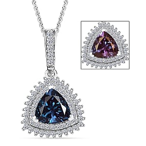 Luxuriant Premium Lab Grown Alexandrite and White Zircon 3.10 ctw Radiant Eclipse Pendant Necklace in Rhodium Over Sterling Silver 20 Inches 