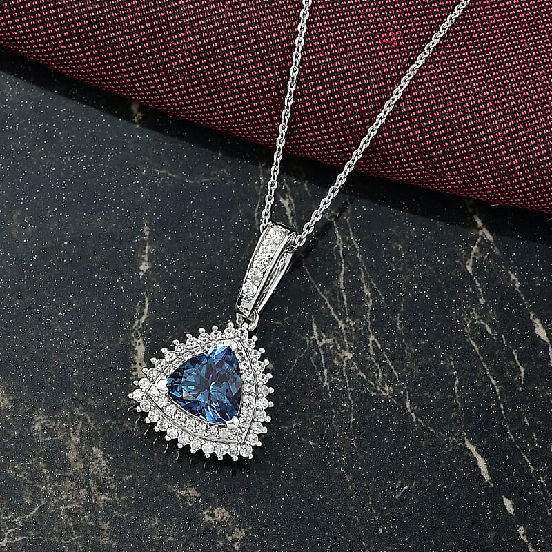 Luxuriant Premium Lab Grown Alexandrite and White Zircon 3.10 ctw Radiant Eclipse Pendant Necklace in Rhodium Over Sterling Silver 20 Inches