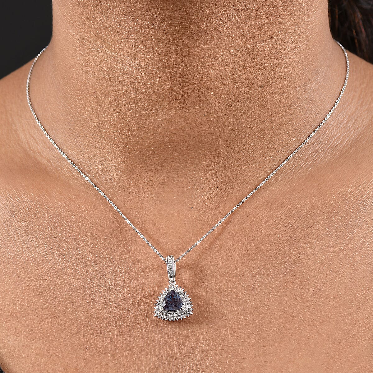Luxuriant Premium Lab Grown Alexandrite and White Zircon 3.10 ctw Radiant Eclipse Pendant Necklace in Rhodium Over Sterling Silver 20 Inches  image number 2