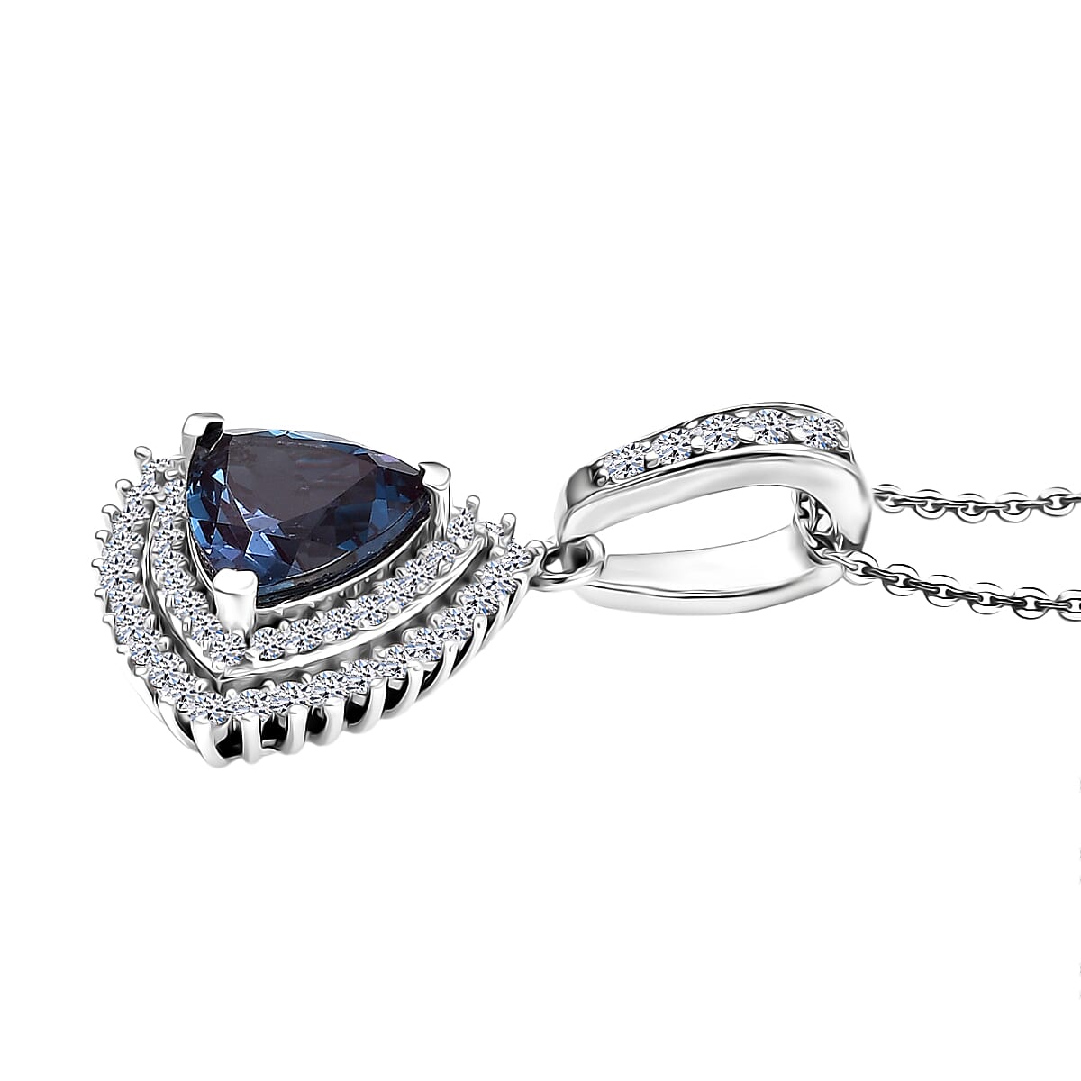 Luxuriant Premium Lab Grown Alexandrite and White Zircon 3.10 ctw Radiant Eclipse Pendant Necklace in Rhodium Over Sterling Silver 20 Inches  image number 3