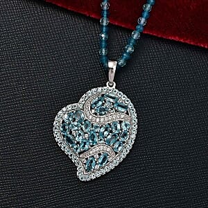 D'Joy Betroka Blue Apatite and Multi Gemstone 36.50 ctw Pendant with Beaded Necklace (18 Inches) in Rhodium Over Sterling Silver
