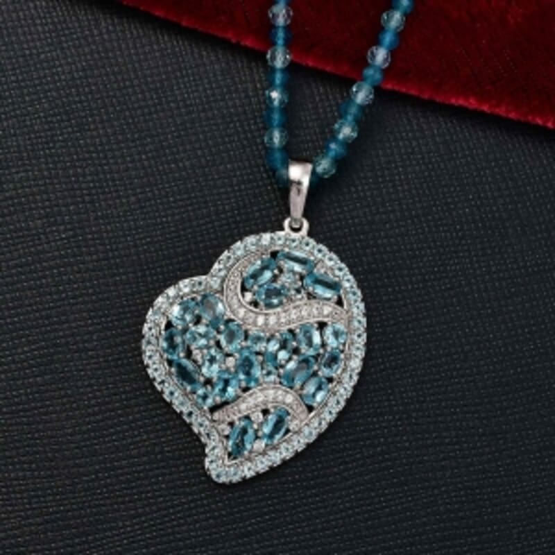 D'Joy Betroka Blue Apatite and Multi Gemstone 36.50 ctw Pendant with Beaded Necklace (18 Inches) in Rhodium Over Sterling Silver