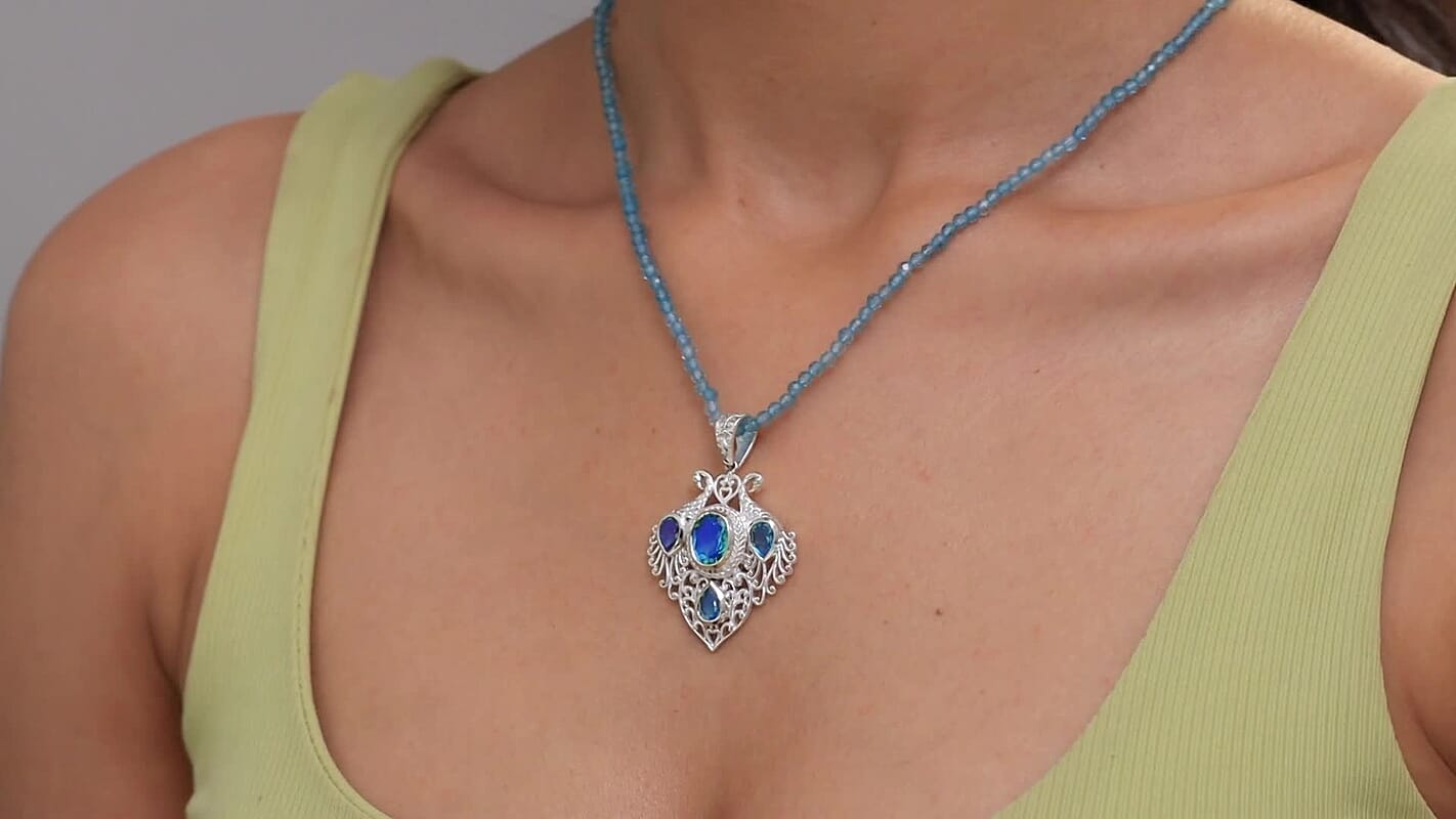 D'Joy Peacock Quartz (Triplet) and Apatite 41.10 ctw Pendant Necklace in Sterling Silver 20 Inches