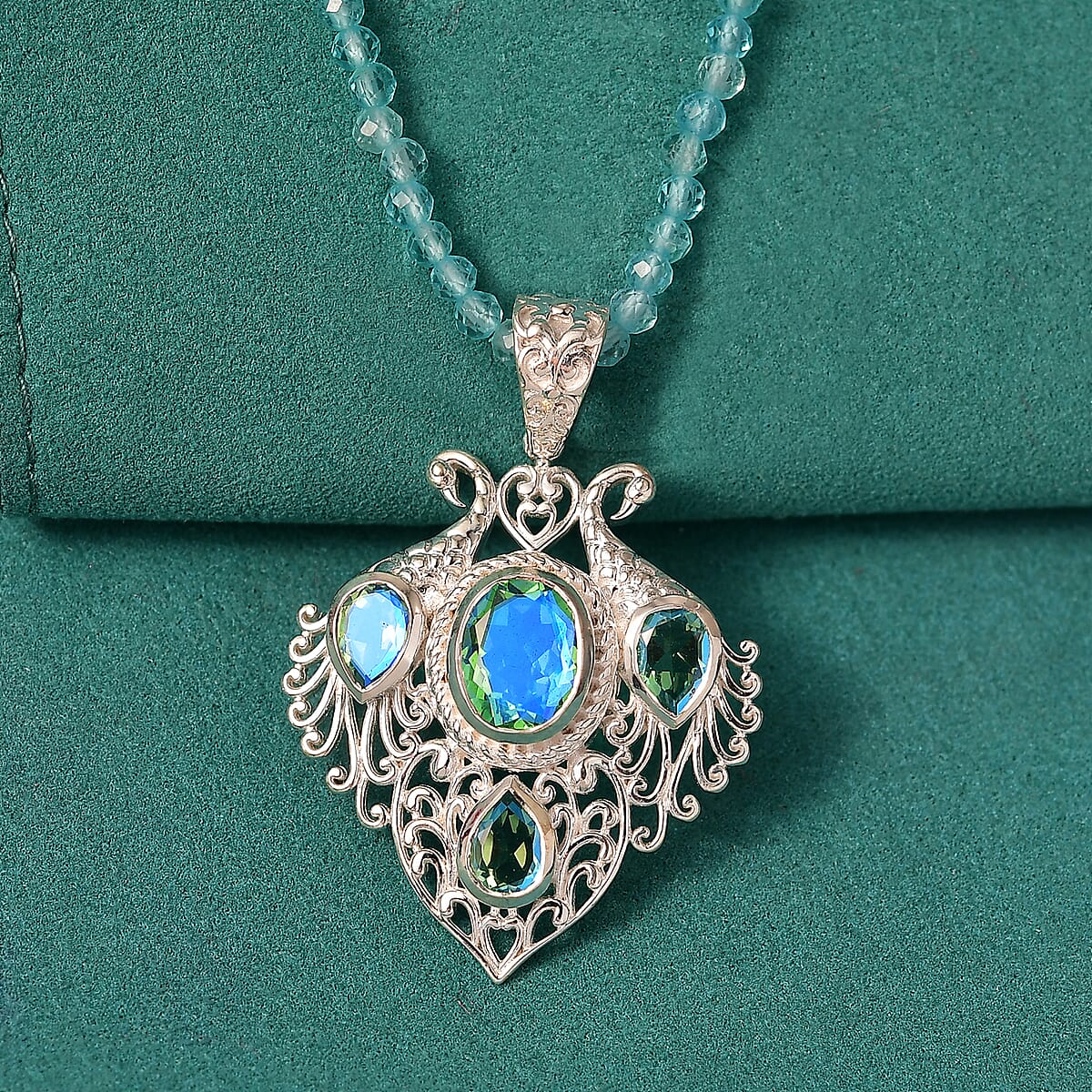 D'Joy Peacock Quartz (Triplet) and Apatite 41.10 ctw Pendant Necklace in Sterling Silver 20 Inches  image number 1