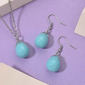 Shell Pearl 90.00 ctw Set Earrings and Pendant Necklace (20 Inches) in Silvertone