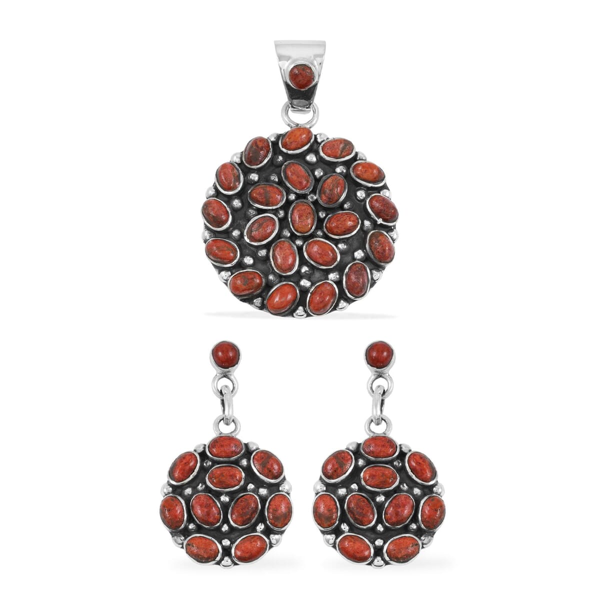 Santa Fe Style Red Coral 57.00 ctw Pendant and Earrings in Sterling Silver image number 0