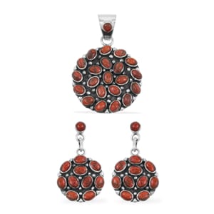 Santa Fe Style Red Coral 57.00 ctw Pendant and Earrings in Sterling Silver