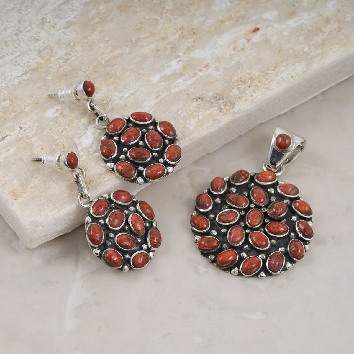 Santa Fe Style Red Coral 57.00 ctw Pendant and Earrings in Sterling Silver image number 1