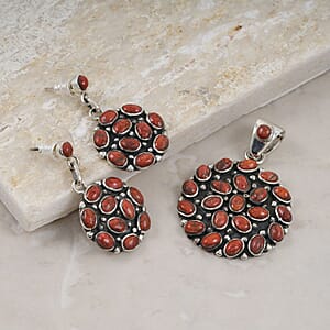 Santa Fe Style Red Coral 57.00 ctw Pendant and Earrings in Sterling Silver