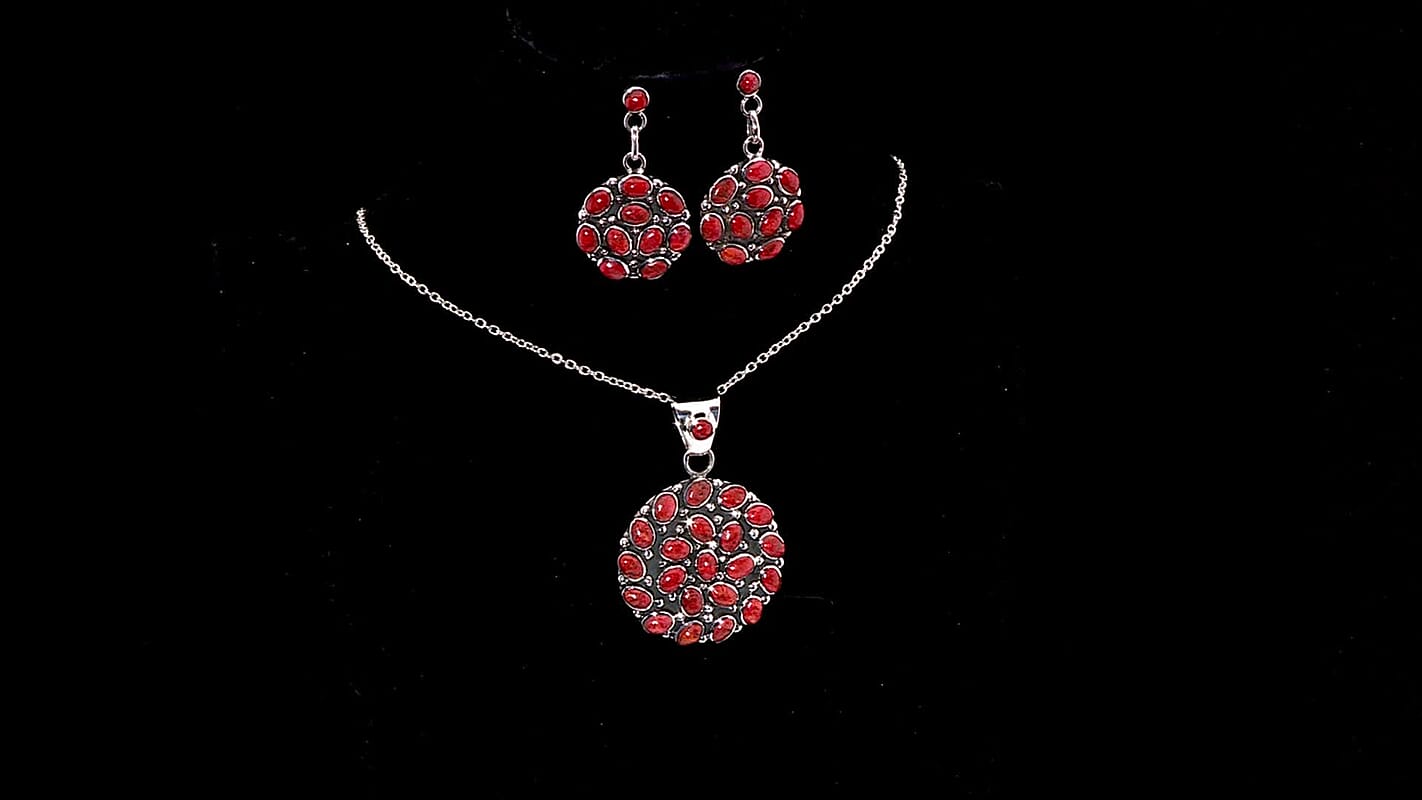 Santa Fe Style Red Coral Pendant and Earrings in Sterling Silver 57.00 ctw