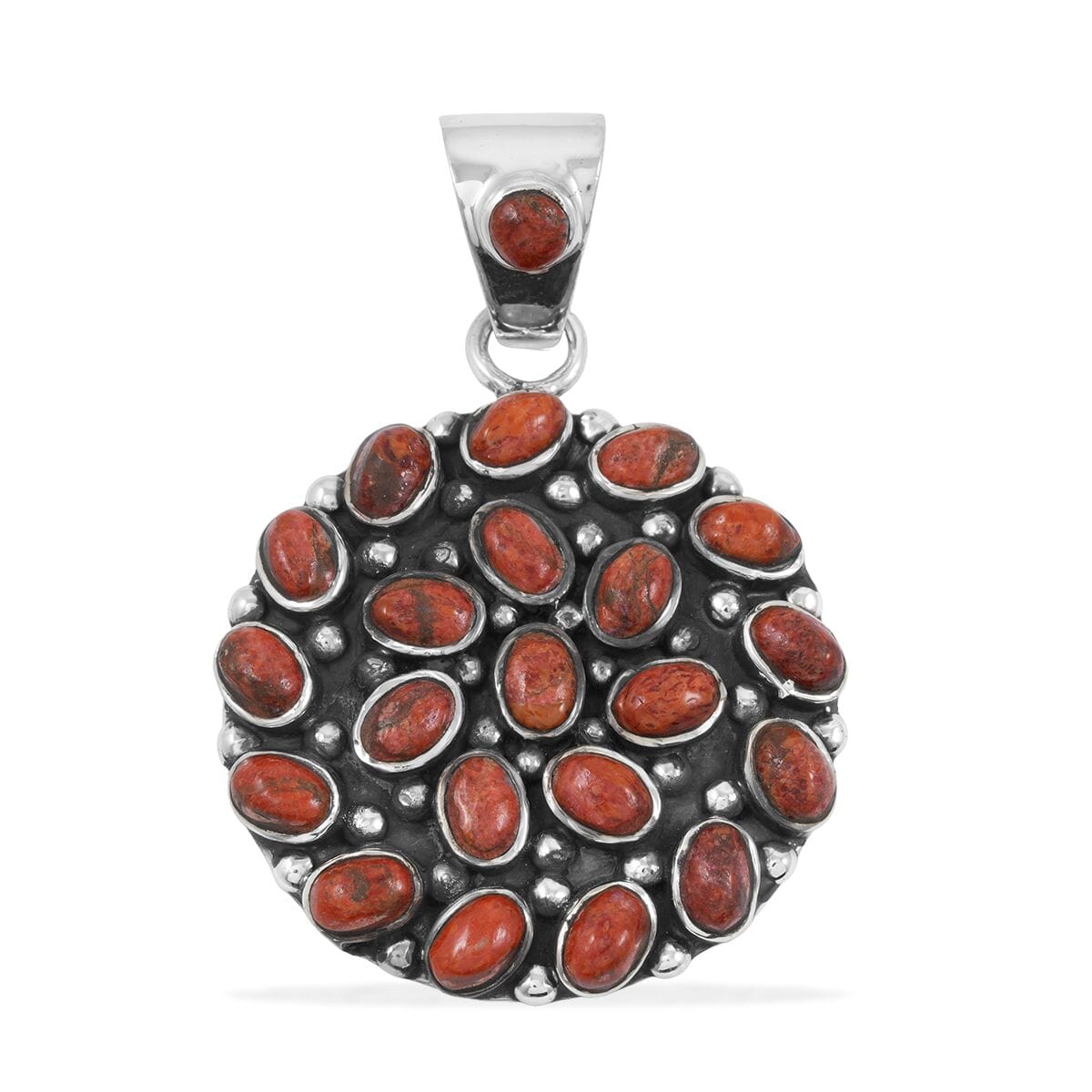 Santa Fe Style Red Coral 57.00 ctw Pendant and Earrings in Sterling Silver image number 2