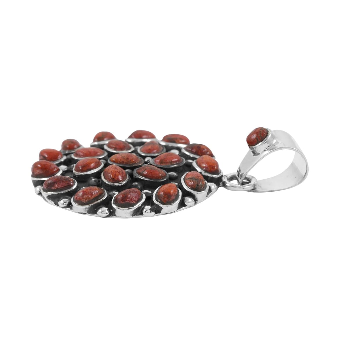 Santa Fe Style Red Coral 57.00 ctw Pendant and Earrings in Sterling Silver image number 3