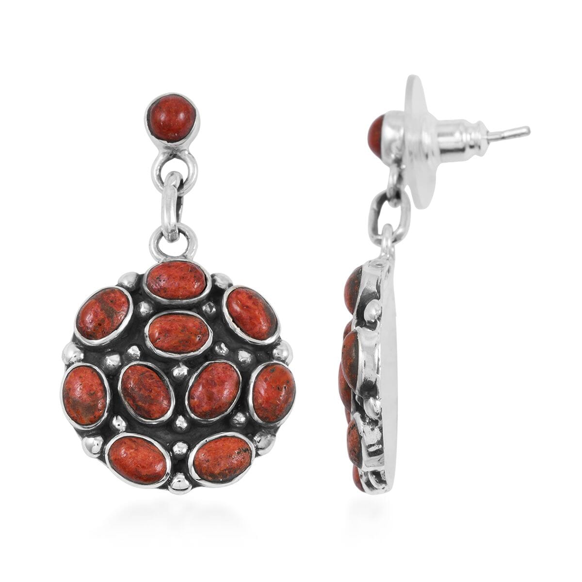 Santa Fe Style Red Coral 57.00 ctw Pendant and Earrings in Sterling Silver image number 5