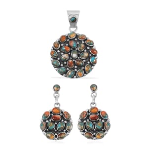 Santa Fe Style Spiny Turquoise 57.00 ctw Pendant and Earrings in Sterling Silver