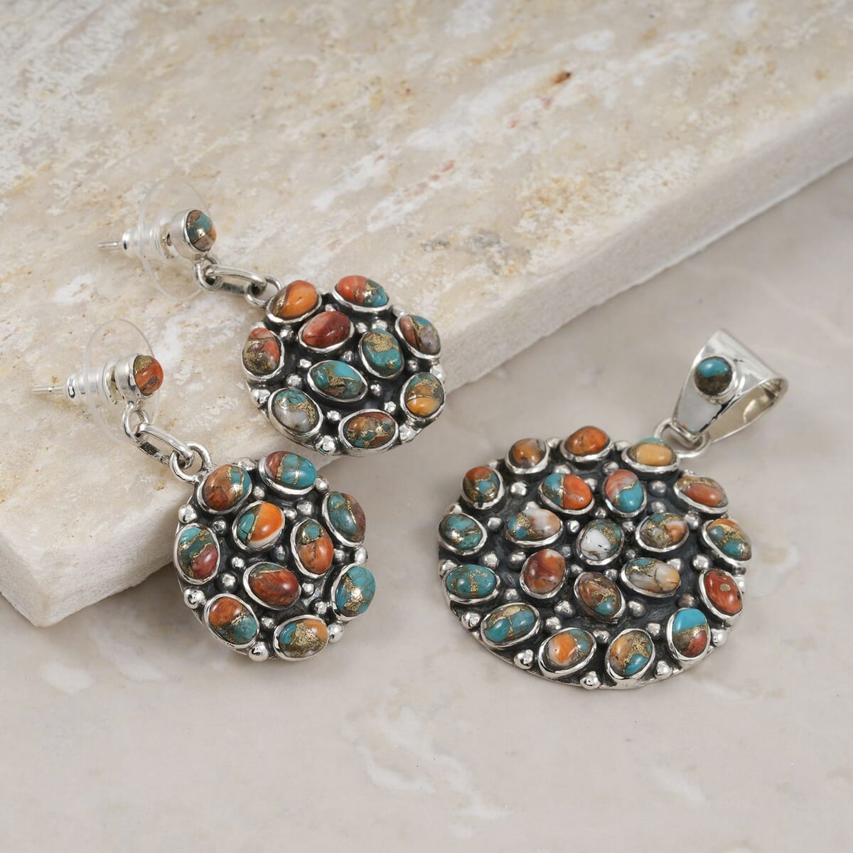 Santa Fe Style Spiny Turquoise 57.00 ctw Pendant and Earrings in Sterling Silver image number 1