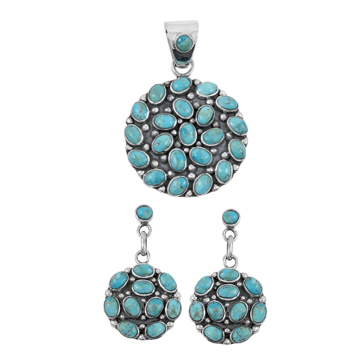 Santa Fe Style Kingman Turquoise 57.00 ctw Pendant and Earrings in Sterling Silver image number 0