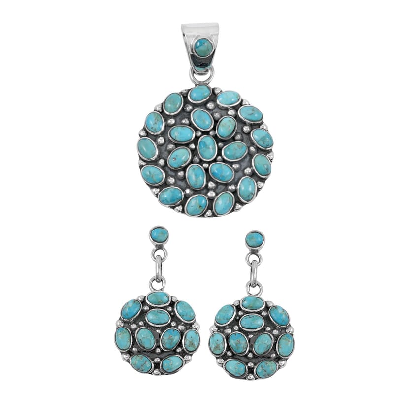 Santa Fe Style Kingman Turquoise 57.00 ctw Pendant without Chain and Earrings in Sterling Silver
