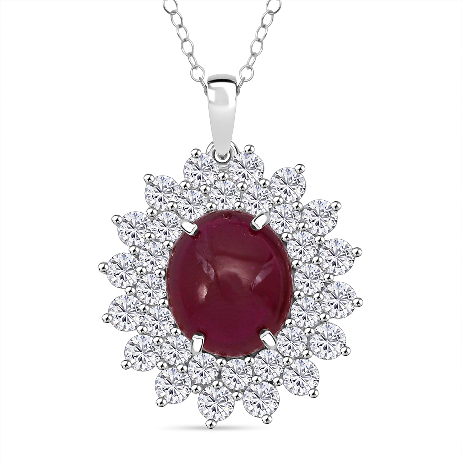D'Joy Niassa Ruby (FF) and Moissanite 17.25 ctw Sunburst Pendant Necklace in Rhodium Over Sterling Silver 20 Inches