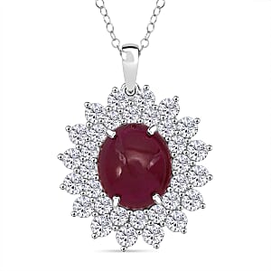 D'Joy Niassa Ruby (FF) and Moissanite 17.25 ctw Sunburst Pendant Necklace in Rhodium Over Sterling Silver 20 Inches