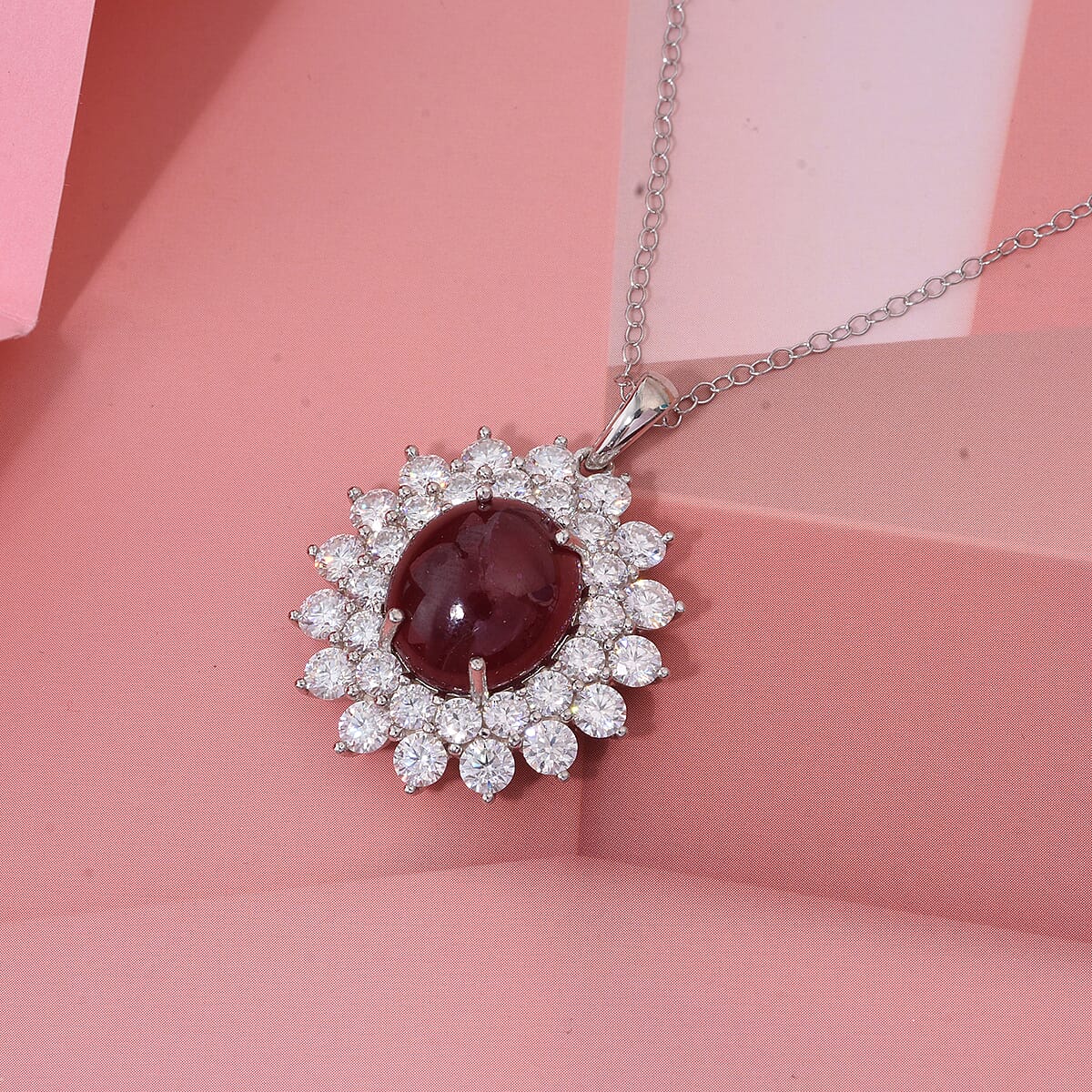 D'Joy Niassa Ruby (FF) and Moissanite 17.25 ctw Sunburst Pendant Necklace in Rhodium Over Sterling Silver 20 Inches image number 1
