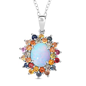 D'Joy Premium Ethiopian Wel Opal and Multi Sapphire 5.10 ctw Pendant Necklace in Rhodium Over Sterling Silver 20 Inches
