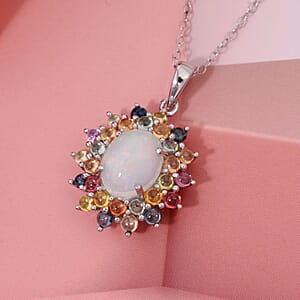 D'Joy Premium Ethiopian Welo Opal and Multi Sapphire 5.10 ctw Celestial Carnival Pendant Necklace in Rhodium Over Sterling Silver 20 Inches