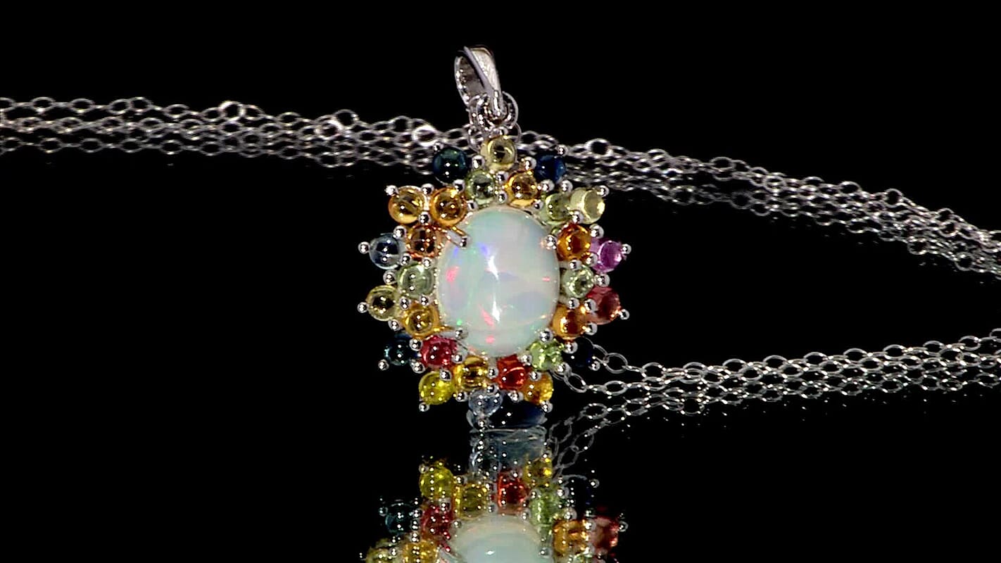 D'Joy Premium Ethiopian Welo Opal and Multi Sapphire 5.10 ctw Celestial Carnival Pendant Necklace in Rhodium Over Sterling Silver 20 Inches