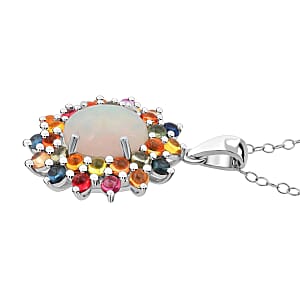 D'Joy Premium Ethiopian Welo Opal and Multi Sapphire 5.10 ctw Celestial Carnival Pendant Necklace in Rhodium Over Sterling Silver 20 Inches