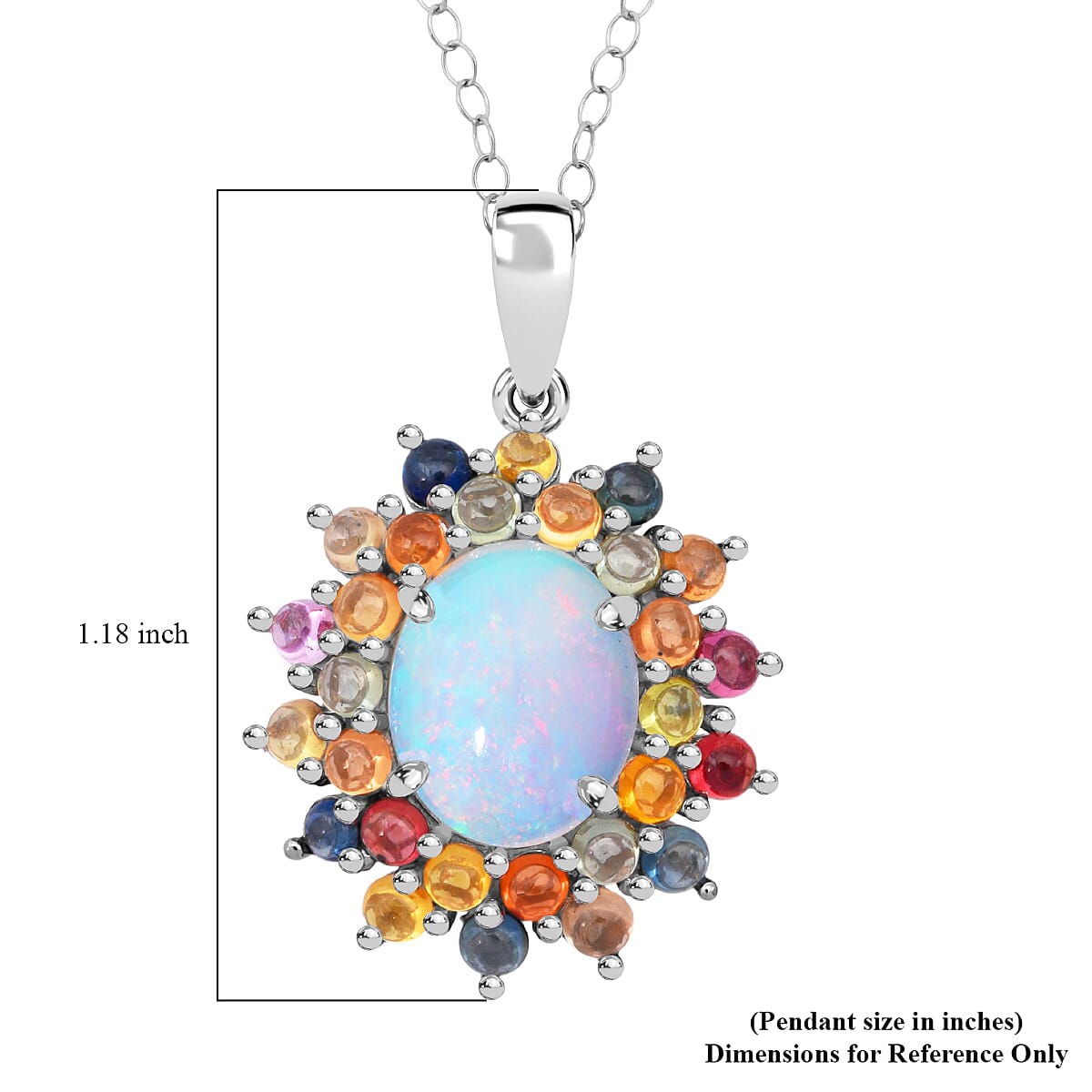 D'Joy Premium Ethiopian Welo Opal and Multi Sapphire 5.10 ctw Celestial Carnival Pendant Necklace in Rhodium Over Sterling Silver 20 Inches