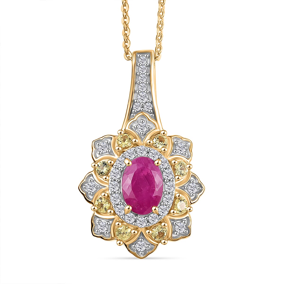 Doorbuster D’Joy Premium Royal Ruby and Multi Gemstone 1.85 ctw Tulip Pendant Necklace in 18K Vermeil Yellow Gold Over Sterling Silver 20 Inches image number 0