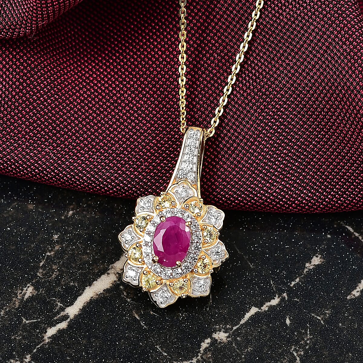 Doorbuster D’Joy Premium Royal Ruby and Multi Gemstone 1.85 ctw Tulip Pendant Necklace in 18K Vermeil Yellow Gold Over Sterling Silver 20 Inches image number 1