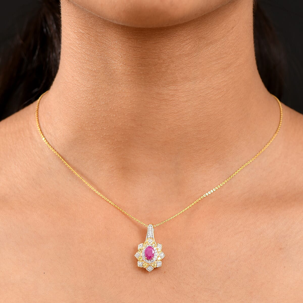Doorbuster D’Joy Premium Royal Ruby and Multi Gemstone 1.85 ctw Tulip Pendant Necklace in 18K Vermeil Yellow Gold Over Sterling Silver 20 Inches image number 2