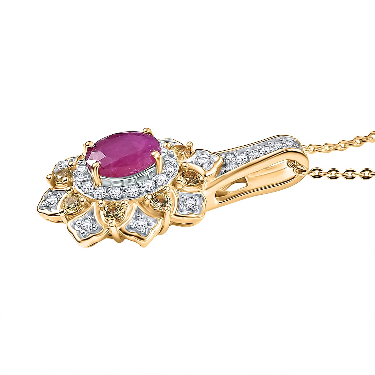 Doorbuster D’Joy Premium Royal Ruby and Multi Gemstone 1.85 ctw Tulip Pendant Necklace in 18K Vermeil Yellow Gold Over Sterling Silver 20 Inches image number 3
