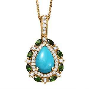 Doorbuster D’Joy Sleeping Beauty Turquoise and Multi Gemstone 4.00 ctw Sunburst Halo Pendant Necklace in 18K Vermeil Yellow Gold Over Sterling Silver 20 Inches