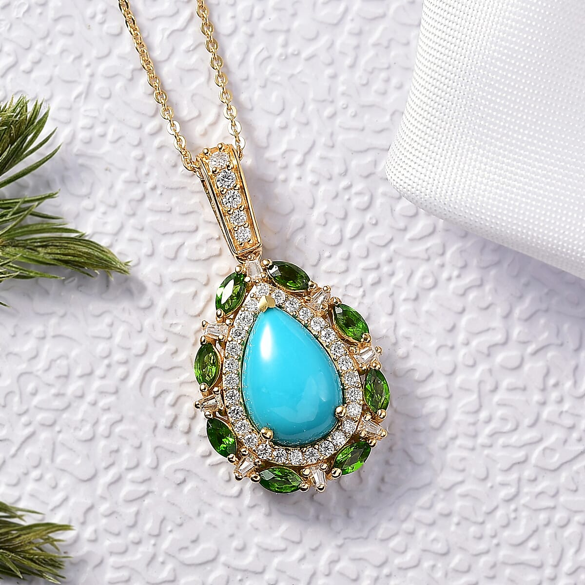 Doorbuster D’Joy Sleeping Beauty Turquoise and Multi Gemstone 4.00 ctw Sunburst Halo Pendant Necklace in 18K Vermeil Yellow Gold Over Sterling Silver 20 Inches image number 1