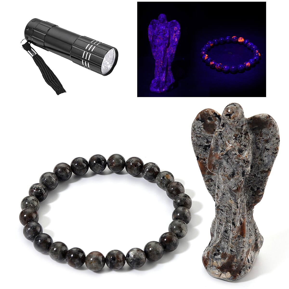 Natural Yooperlite 375.00 ctw Angel and Beaded Stretch Bracelet with Free UV Flash Light image number 0
