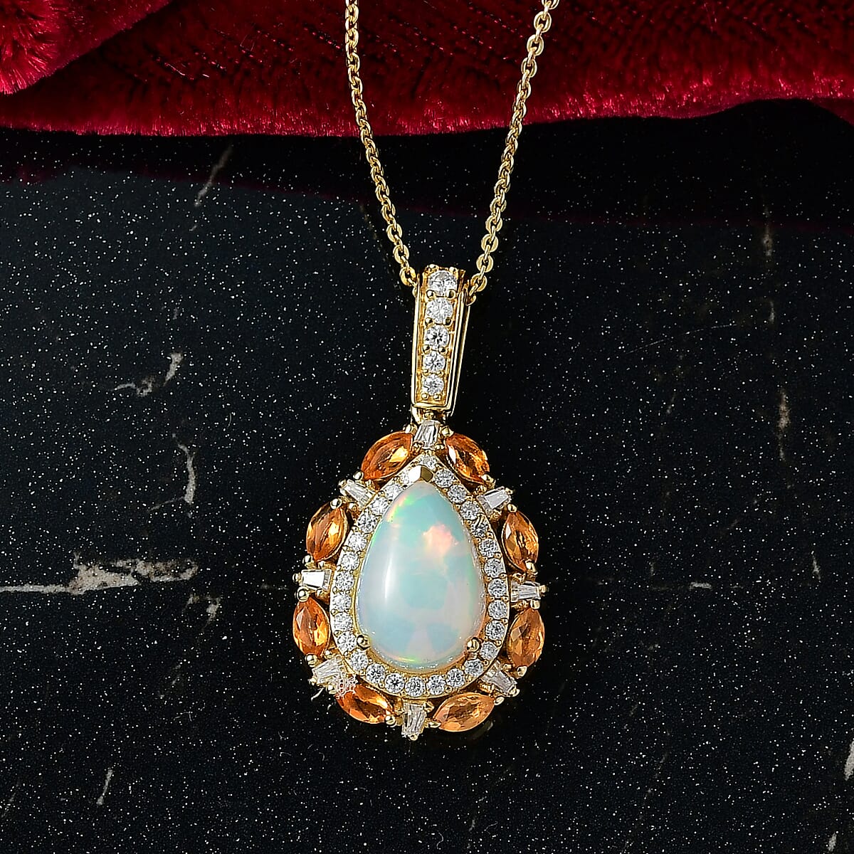 Doorbuster D’Joy Ethiopian Welo Opal and Multi Gemstone 2.90 ctw Sunburst Halo Pendant Necklace in 18K Vermeil Yellow Gold Over Sterling Silver 20 Inches image number 1