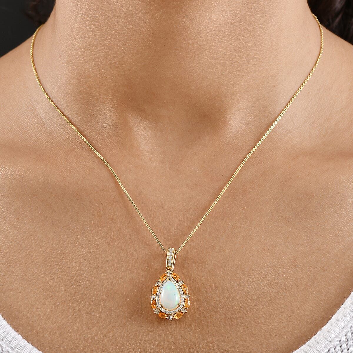 Doorbuster D’Joy Ethiopian Welo Opal and Multi Gemstone 2.90 ctw Sunburst Halo Pendant Necklace in 18K Vermeil Yellow Gold Over Sterling Silver 20 Inches image number 2