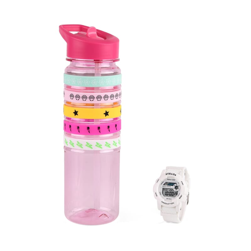 Strada Electronic Movement Watch in White Strap and Pink Water Bottle 650ml