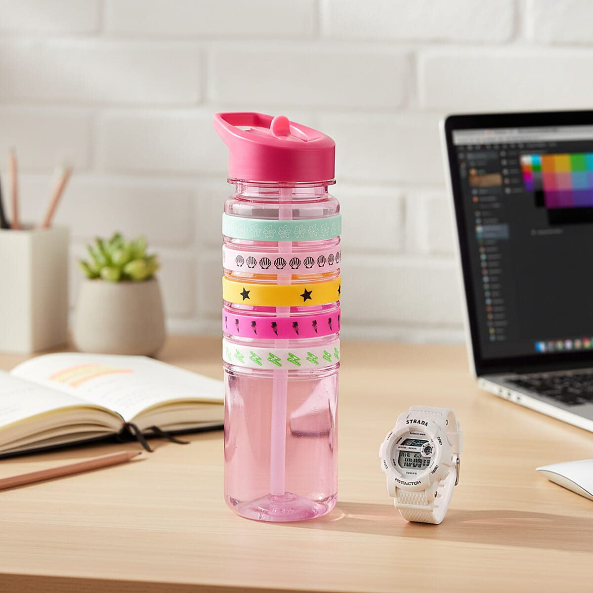 Strada Electronic Movement Watch in White Strap and Pink Water Bottle 650ml image number 1