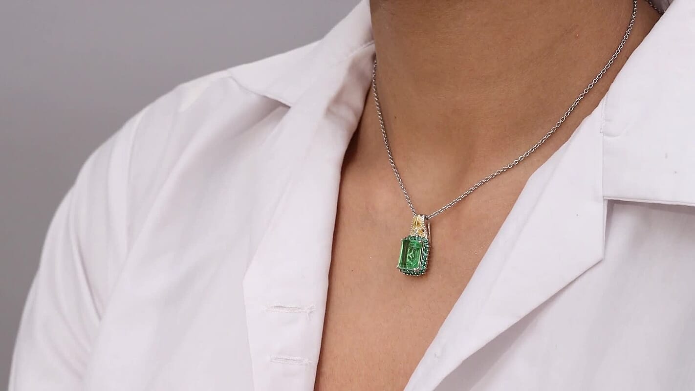 EverTrue Chartreuse Quartz (Triplet) and Multi Gemstone 6.00 ctw Floral and Butterfly Pendant in 18K YG Plated and Platinum Bond with Stainless Steel Necklace 20 Inches