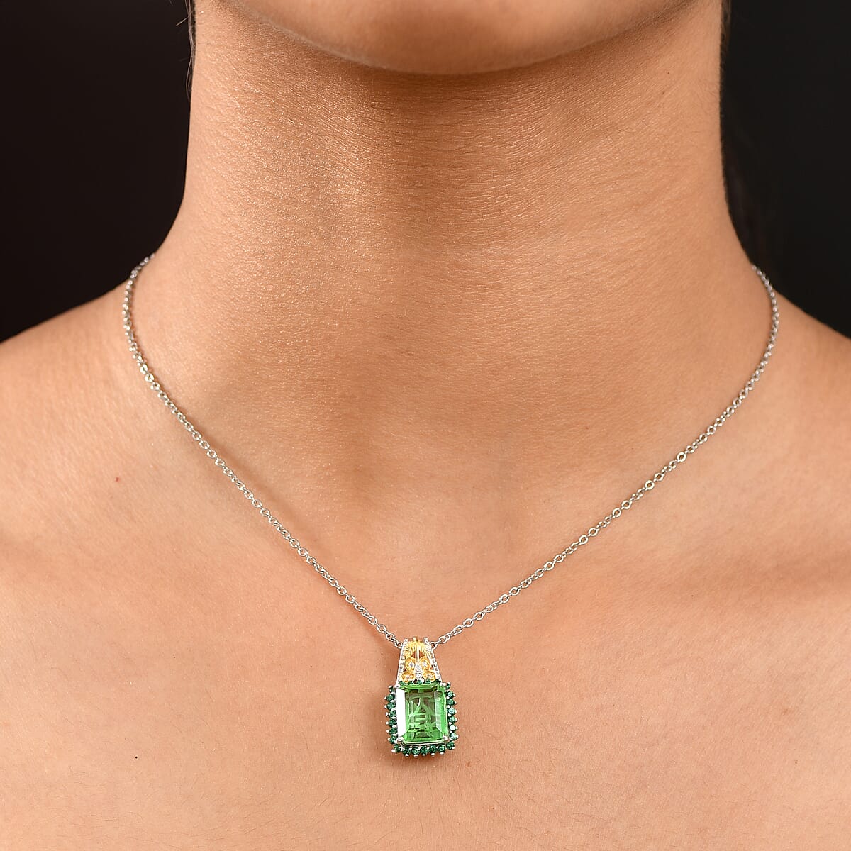 EverTrue Chartreuse Quartz (Triplet) and Multi Gemstone 6.00 ctw Pendant in 18K YG Plated and Platinum Bond with Stainless Steel Necklace 20 Inches image number 2