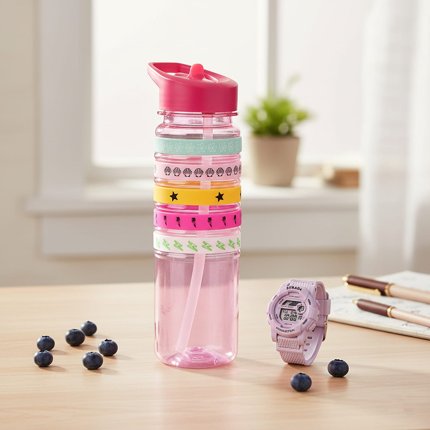 Strada Electronic Movement Watch in Purple Strap and Pink Water Bottle 650ml