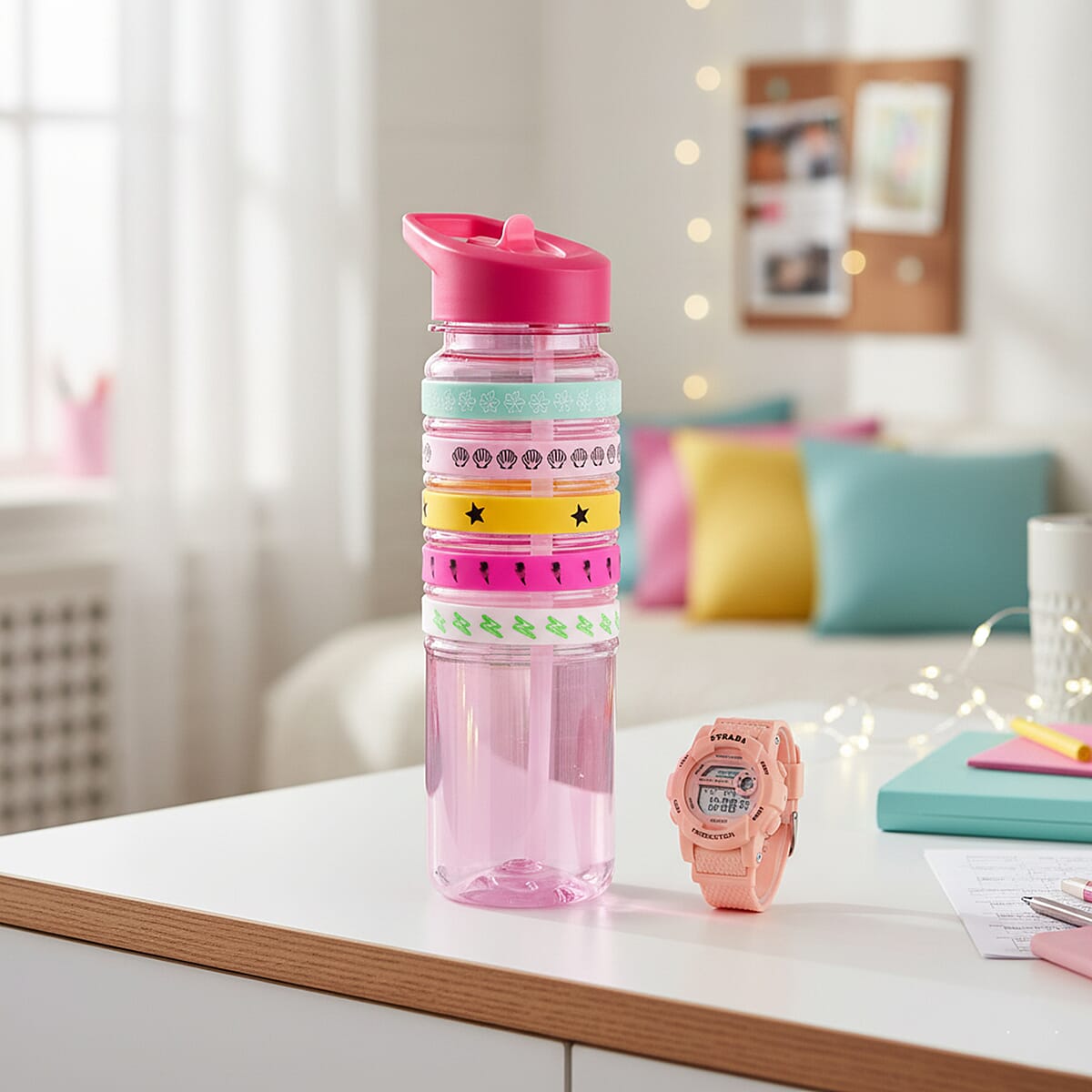 Strada Electronic Movement Watch in Pink Strap and Pink Water Bottle 650ml image number 1