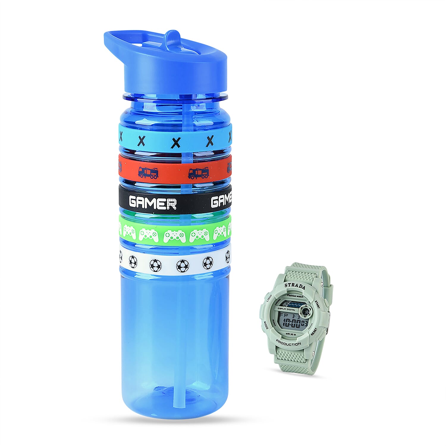 Strada Electronic Movement Watch in Green Strap and Blue Water Bottle 650ml