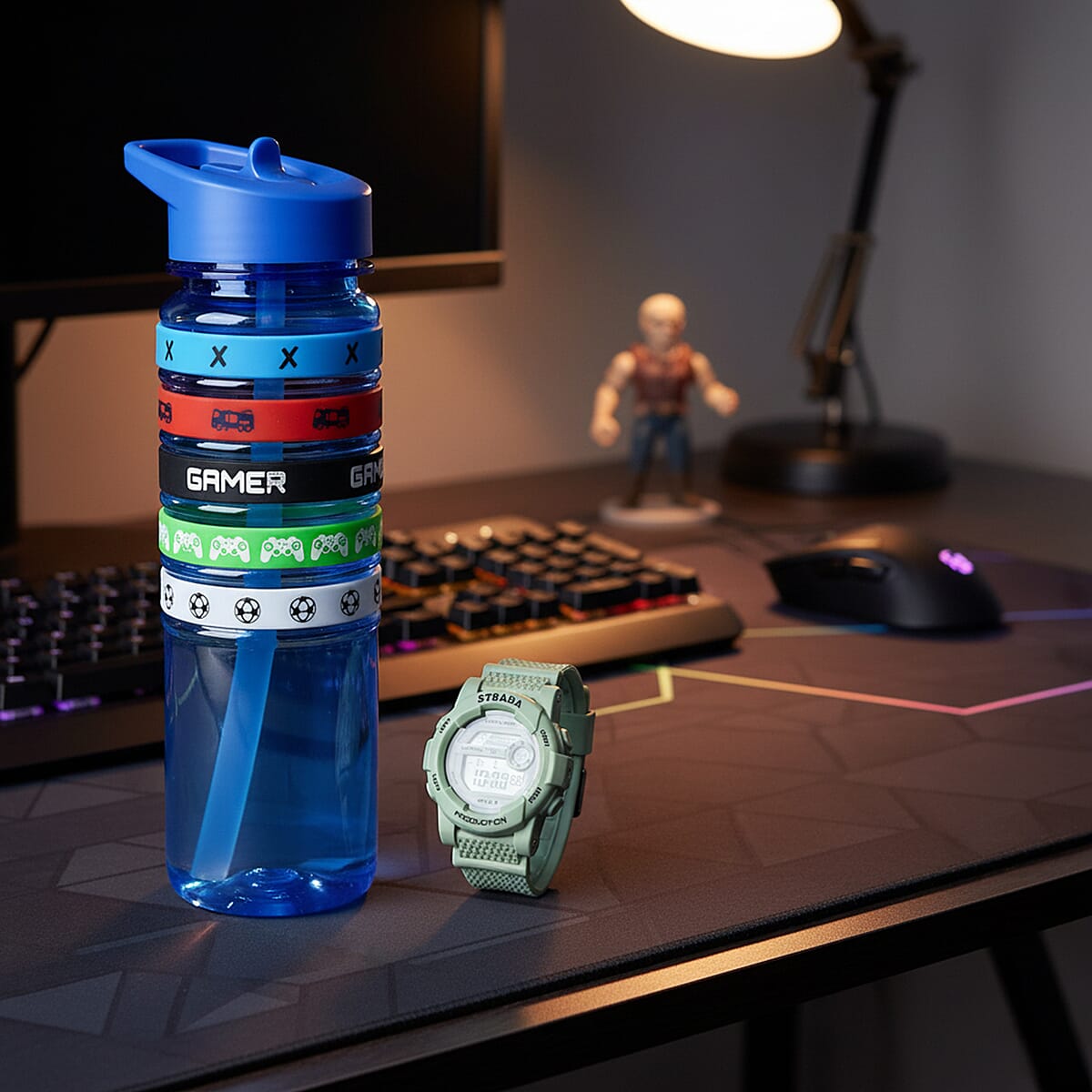 Strada Electronic Movement Watch in Green Strap and Blue Water Bottle 650ml image number 1