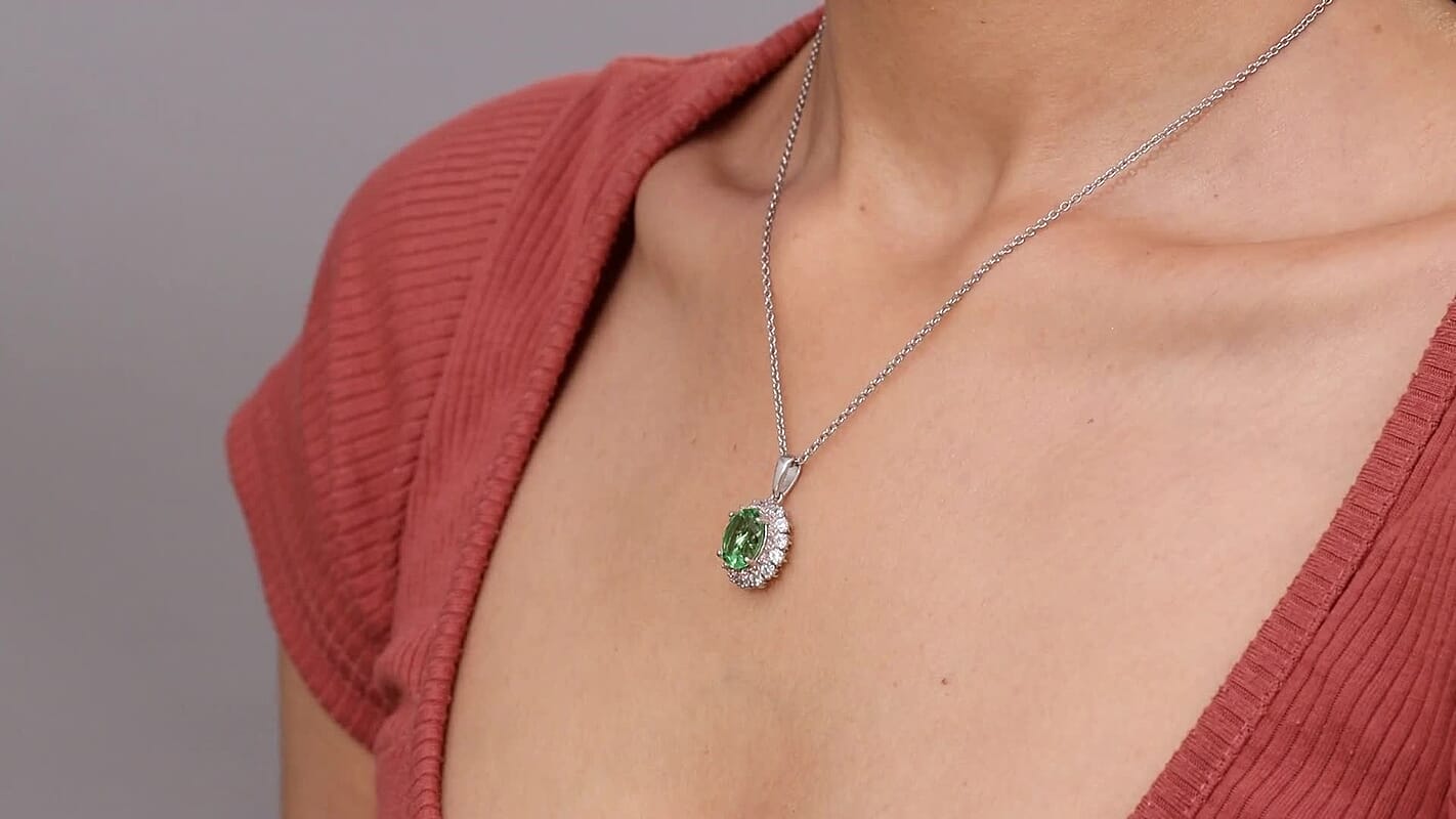 EverTrue Chartreuse Quartz (Triplet) and Multi Gemstone 4.75 ctw Classic Halo Pendant in Platinum Bond with Stainless Steel Necklace 20 Inches